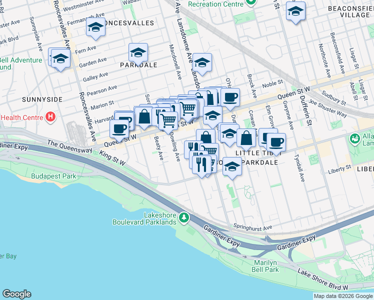 map of restaurants, bars, coffee shops, grocery stores, and more near 32 Leopold Street in Toronto