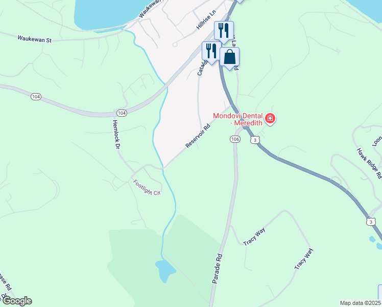 map of restaurants, bars, coffee shops, grocery stores, and more near 26 Reservoir Road in Meredith