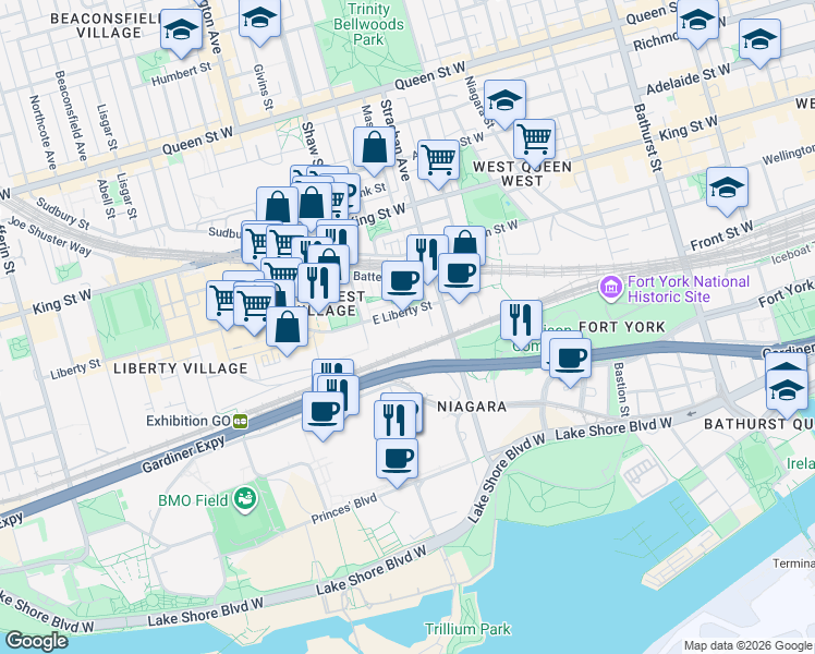 map of restaurants, bars, coffee shops, grocery stores, and more near 51 East Liberty Street in Toronto