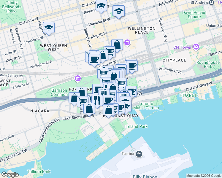 map of restaurants, bars, coffee shops, grocery stores, and more near 85 Housey Street in Toronto