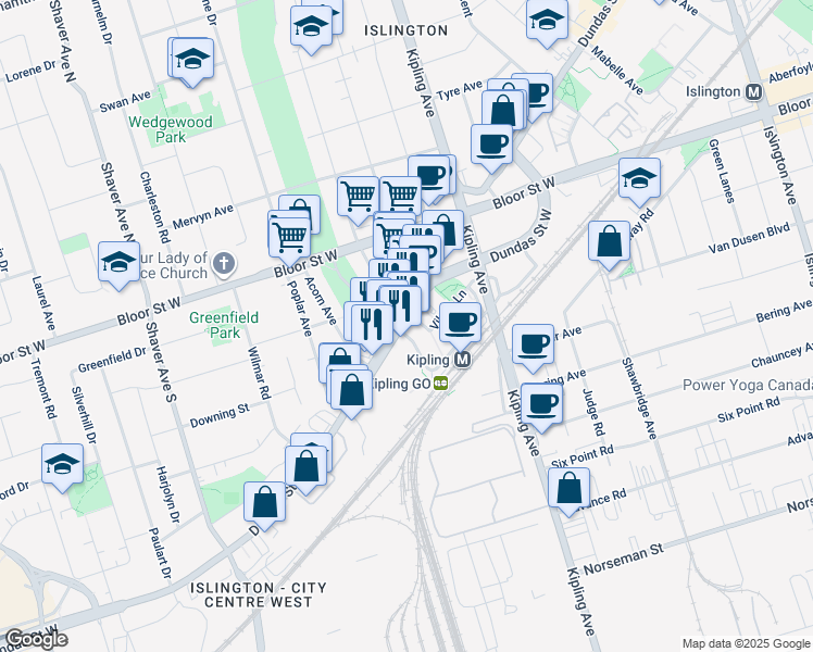 map of restaurants, bars, coffee shops, grocery stores, and more near 5249A Dundas Street West in Toronto