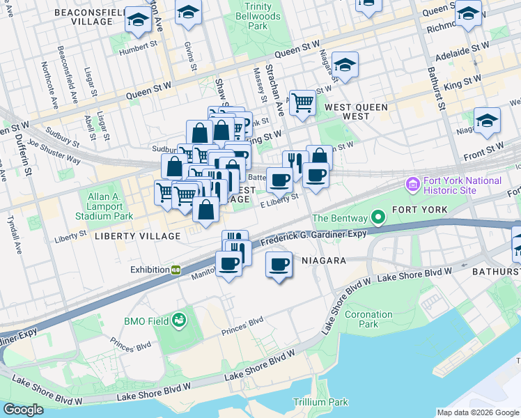 map of restaurants, bars, coffee shops, grocery stores, and more near 59 East Liberty Street in Toronto