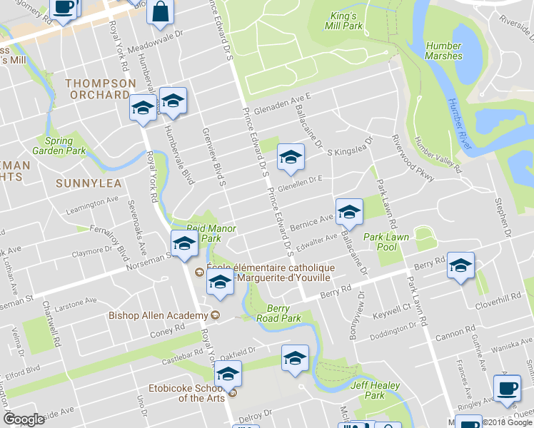 map of restaurants, bars, coffee shops, grocery stores, and more near 5 Kirk Bradden Road West in Toronto