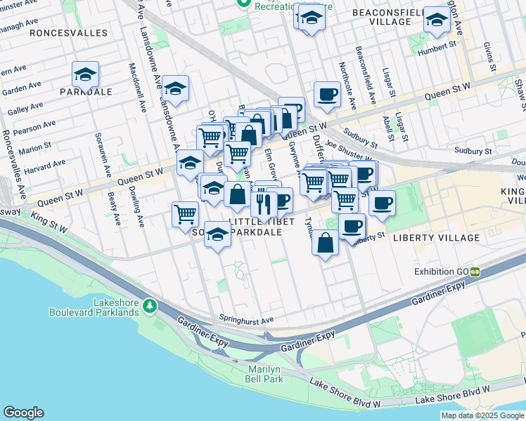 map of restaurants, bars, coffee shops, grocery stores, and more near 149 Cowan Avenue in Toronto