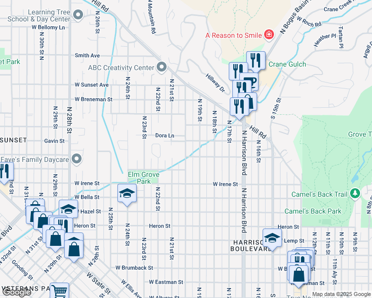 map of restaurants, bars, coffee shops, grocery stores, and more near 1933 North 20th Street in Boise