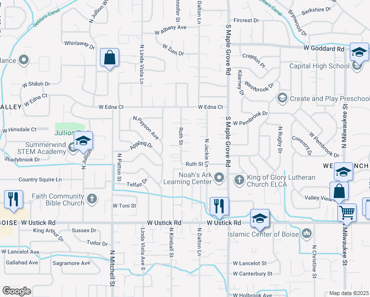 map of restaurants, bars, coffee shops, grocery stores, and more near 9290 Ruth Street in Boise