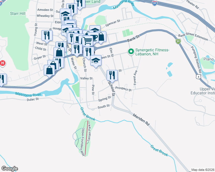 map of restaurants, bars, coffee shops, grocery stores, and more near 10 Abbott Street in Lebanon