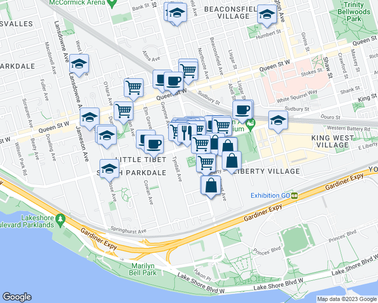 map of restaurants, bars, coffee shops, grocery stores, and more near in Toronto
