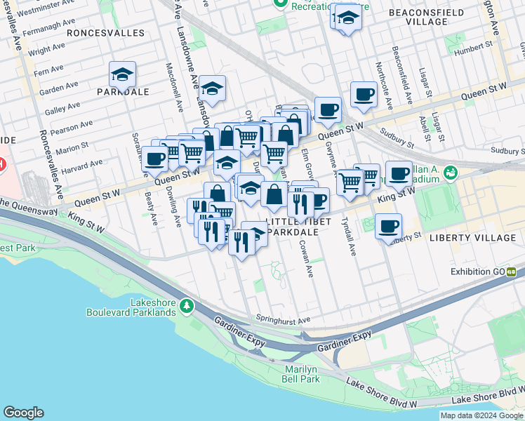 map of restaurants, bars, coffee shops, grocery stores, and more near in Toronto