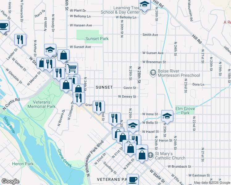 map of restaurants, bars, coffee shops, grocery stores, and more near 1927 North 30th Street in Boise