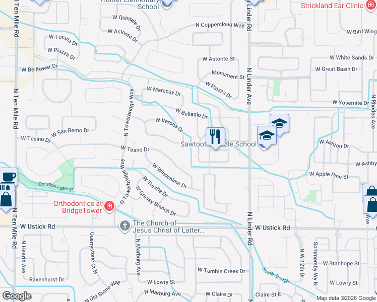 map of restaurants, bars, coffee shops, grocery stores, and more near 2050 West Teano Drive in Meridian