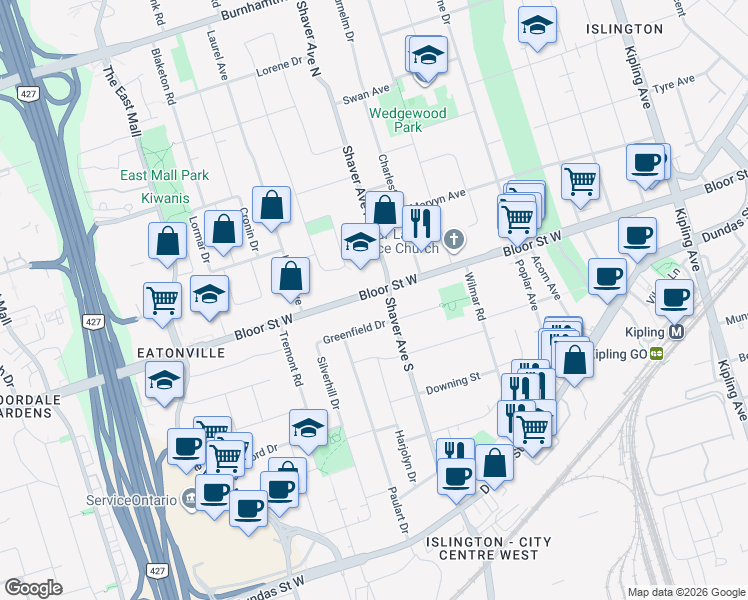 map of restaurants, bars, coffee shops, grocery stores, and more near in Toronto