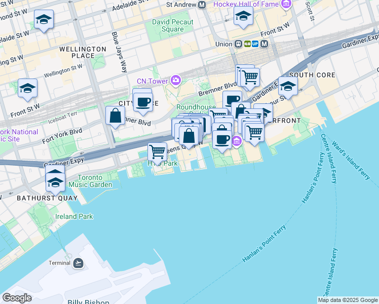 map of restaurants, bars, coffee shops, grocery stores, and more near 249 Queens Quay West in Toronto