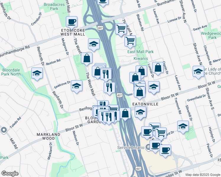 map of restaurants, bars, coffee shops, grocery stores, and more near 15 Eva Road in Toronto