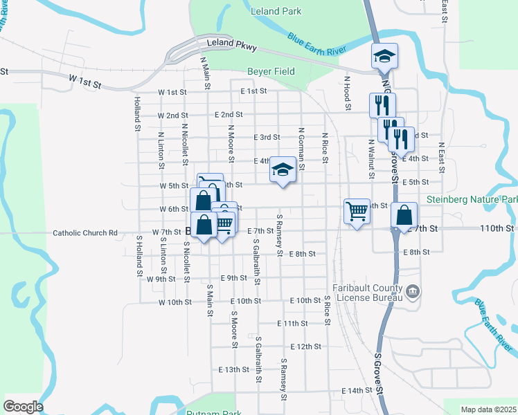 map of restaurants, bars, coffee shops, grocery stores, and more near 315 East 6th Street in Blue Earth