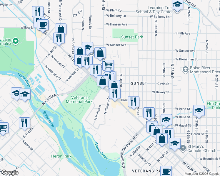 map of restaurants, bars, coffee shops, grocery stores, and more near 3412 West State Street in Boise