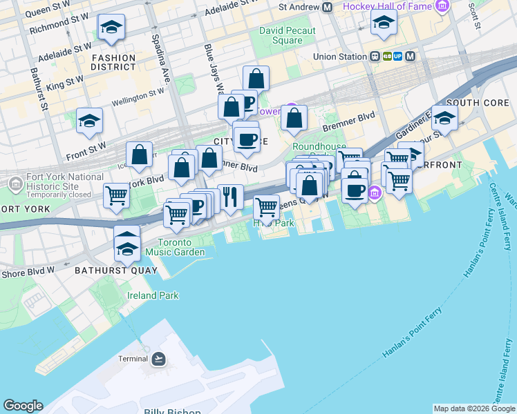 map of restaurants, bars, coffee shops, grocery stores, and more near 350 Queens Quay West in Toronto