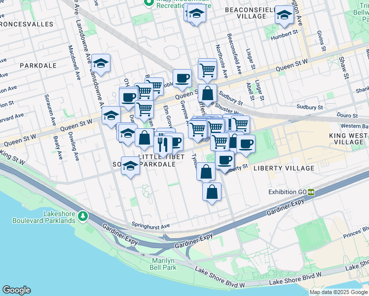 map of restaurants, bars, coffee shops, grocery stores, and more near 1252 King Street West in Toronto