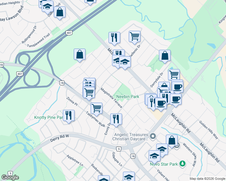 map of restaurants, bars, coffee shops, grocery stores, and more near 7240 Magistrate Terrace in Mississauga