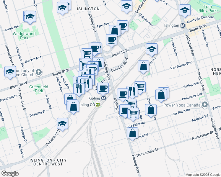 map of restaurants, bars, coffee shops, grocery stores, and more near 950 Kipling Avenue in Toronto