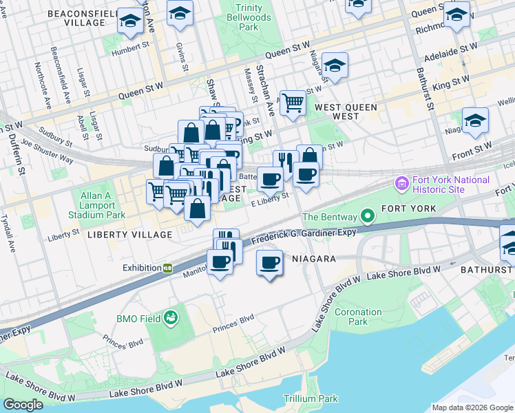 map of restaurants, bars, coffee shops, grocery stores, and more near 57 East Liberty Street in Toronto