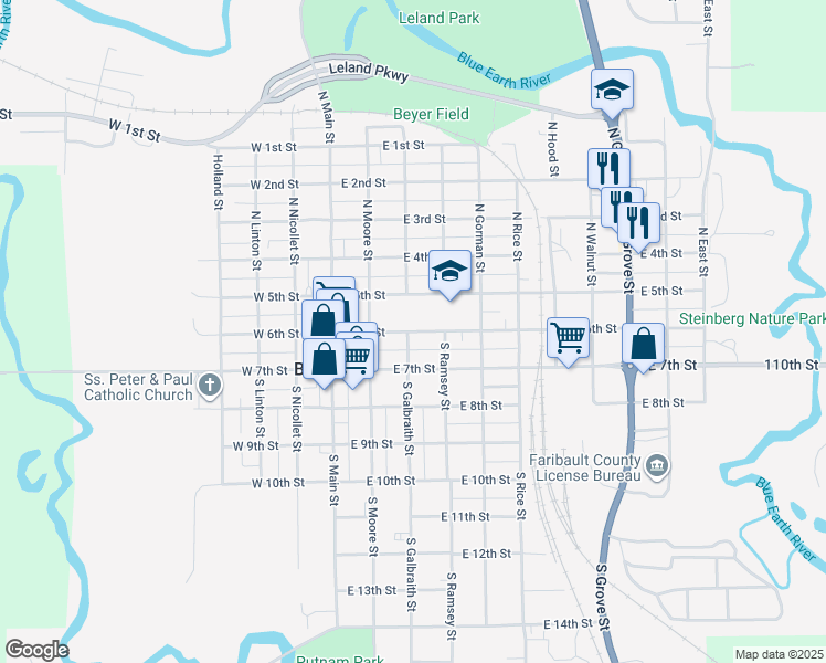 map of restaurants, bars, coffee shops, grocery stores, and more near 315 East 6th Street in Blue Earth
