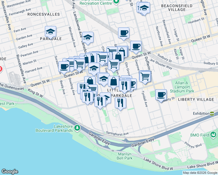 map of restaurants, bars, coffee shops, grocery stores, and more near 198 Dunn Avenue in Toronto