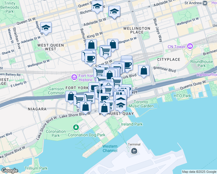 map of restaurants, bars, coffee shops, grocery stores, and more near Queens Wharf Road in Toronto