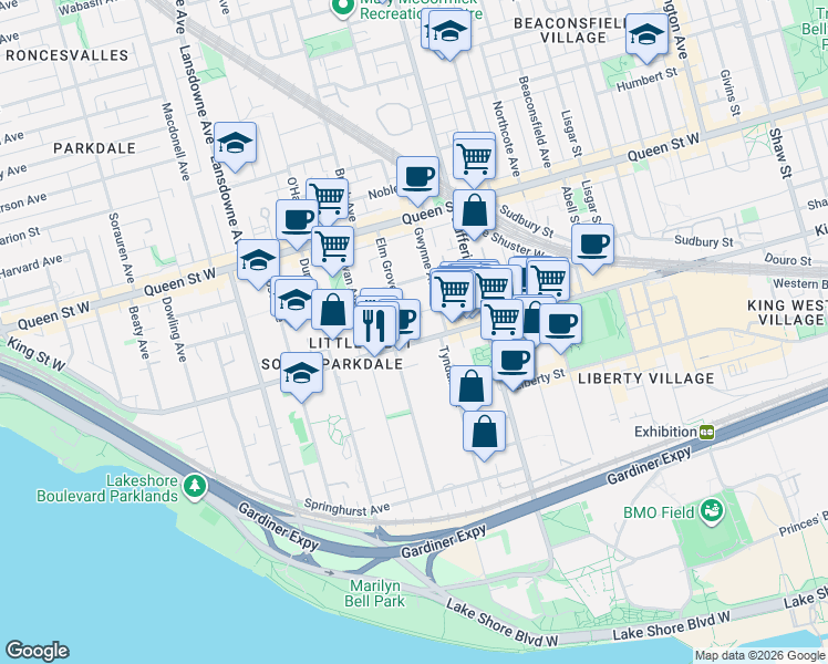 map of restaurants, bars, coffee shops, grocery stores, and more near 1 A Elm Grove Avenue in Toronto