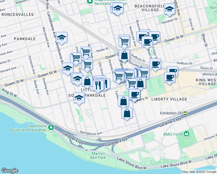 map of restaurants, bars, coffee shops, grocery stores, and more near 1 A Elm Grove Avenue in Toronto