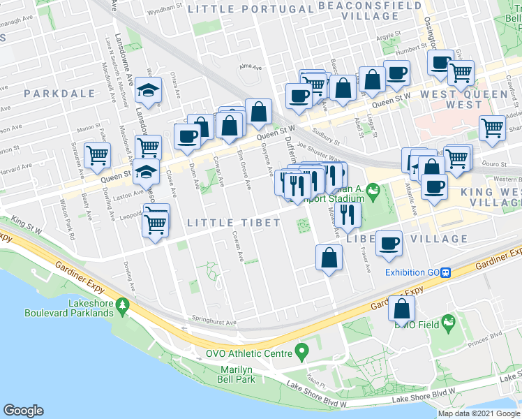 map of restaurants, bars, coffee shops, grocery stores, and more near 1 A Elm Grove Avenue in Toronto
