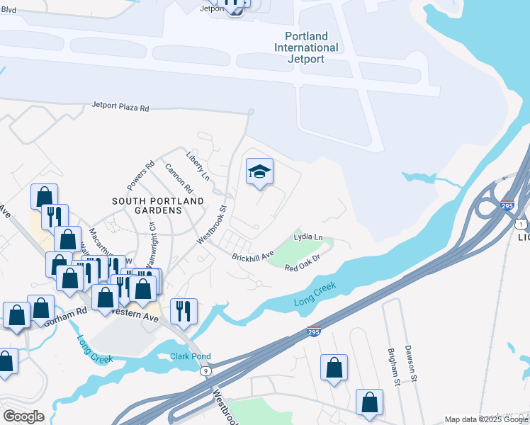 map of restaurants, bars, coffee shops, grocery stores, and more near 675 Westbrook Street in South Portland