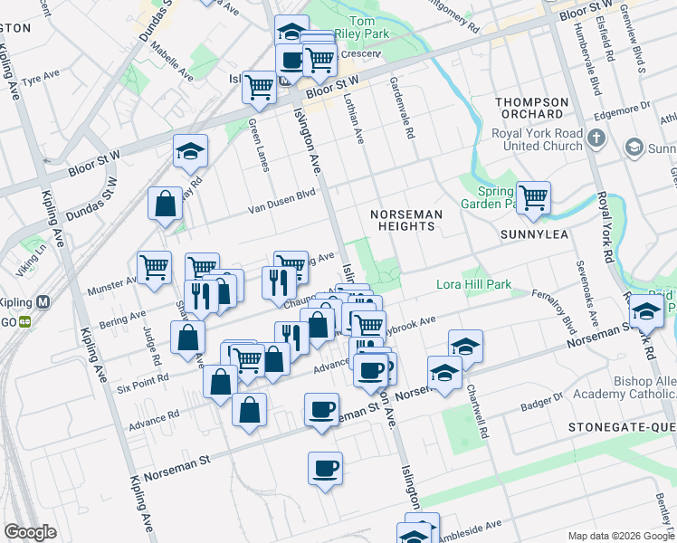 map of restaurants, bars, coffee shops, grocery stores, and more near 1130A Islington Avenue in Toronto
