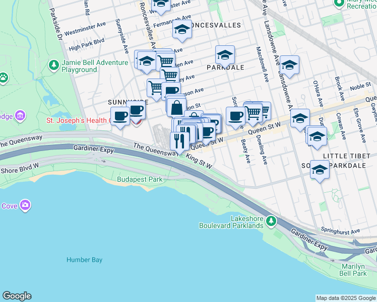 map of restaurants, bars, coffee shops, grocery stores, and more near 1645 Queen Street West in Toronto