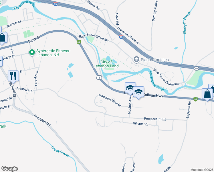 map of restaurants, bars, coffee shops, grocery stores, and more near 193 Dartmouth College Highway in Lebanon