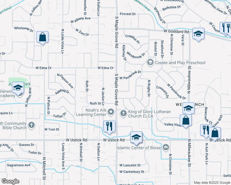 map of restaurants, bars, coffee shops, grocery stores, and more near 9050 Ruth Street in Boise