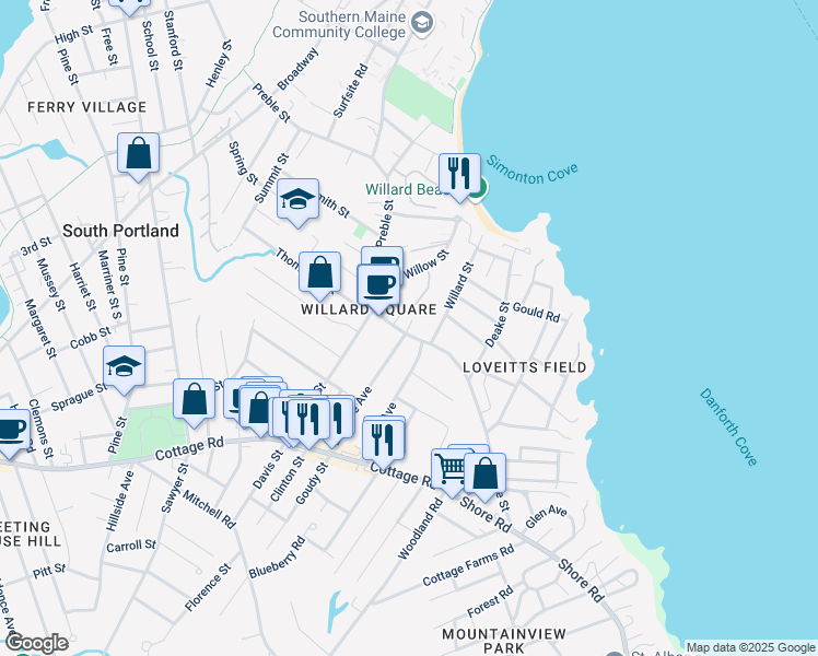 map of restaurants, bars, coffee shops, grocery stores, and more near 14 Elsmere Avenue in South Portland