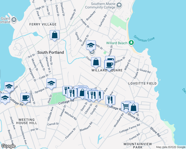 map of restaurants, bars, coffee shops, grocery stores, and more near 12 Everett Avenue in South Portland