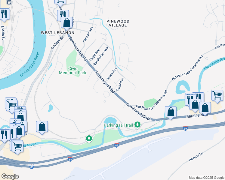 map of restaurants, bars, coffee shops, grocery stores, and more near 62 Westboro Woods Lane in Lebanon