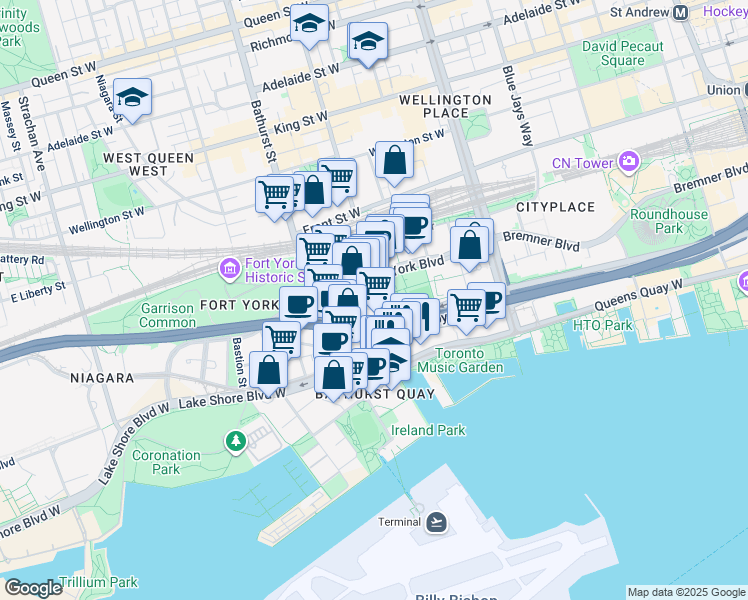 map of restaurants, bars, coffee shops, grocery stores, and more near in Toronto