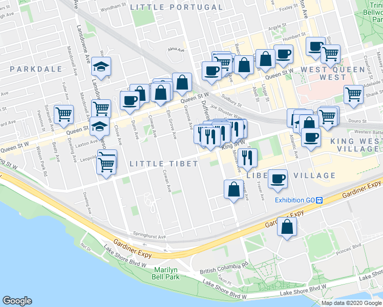map of restaurants, bars, coffee shops, grocery stores, and more near 130 Tyndall Avenue in Toronto