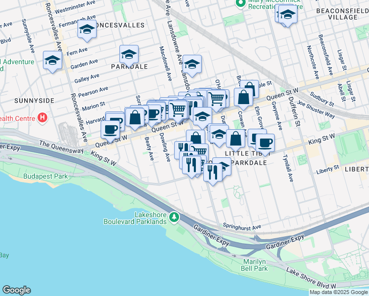 map of restaurants, bars, coffee shops, grocery stores, and more near in Toronto
