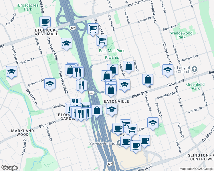 map of restaurants, bars, coffee shops, grocery stores, and more near 10 Gibbs Road in Toronto