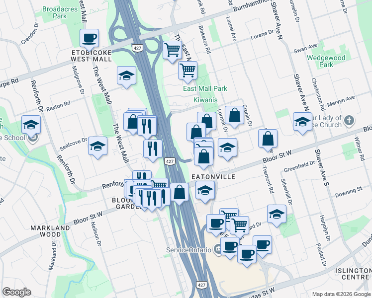 map of restaurants, bars, coffee shops, grocery stores, and more near 30 Gibbs Road in Toronto