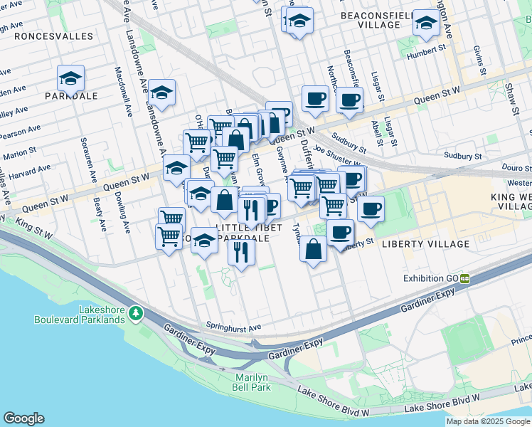 map of restaurants, bars, coffee shops, grocery stores, and more near 2 Elm Grove Avenue in Toronto