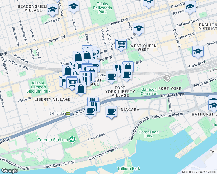 map of restaurants, bars, coffee shops, grocery stores, and more near 55 East Liberty Street in Toronto