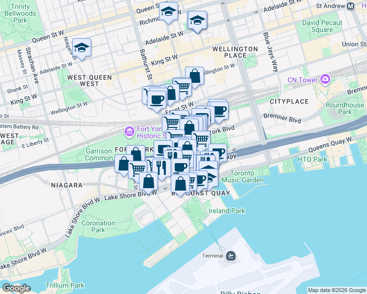 map of restaurants, bars, coffee shops, grocery stores, and more near 90 Queens Wharf Road in Toronto