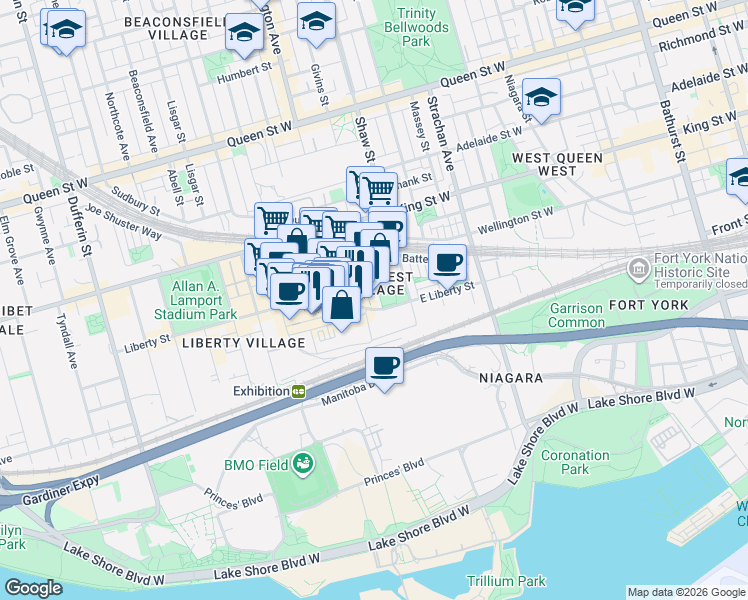 map of restaurants, bars, coffee shops, grocery stores, and more near 69 Lynn Williams Street in Toronto