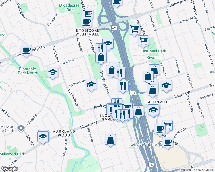 map of restaurants, bars, coffee shops, grocery stores, and more near 336 The West Mall in Toronto
