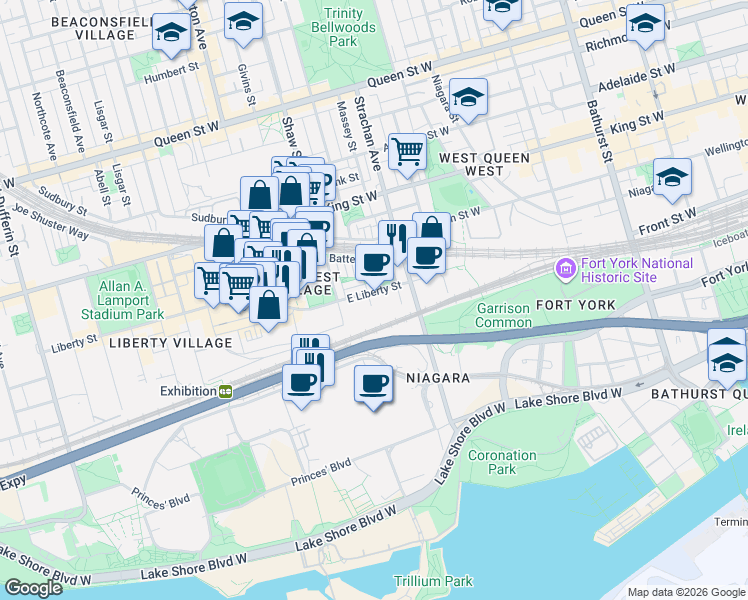map of restaurants, bars, coffee shops, grocery stores, and more near 51 East Liberty Street in Toronto
